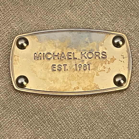 Michael Kors Gold Saffiano Leather Large Satchel With Logo Medallion Charm